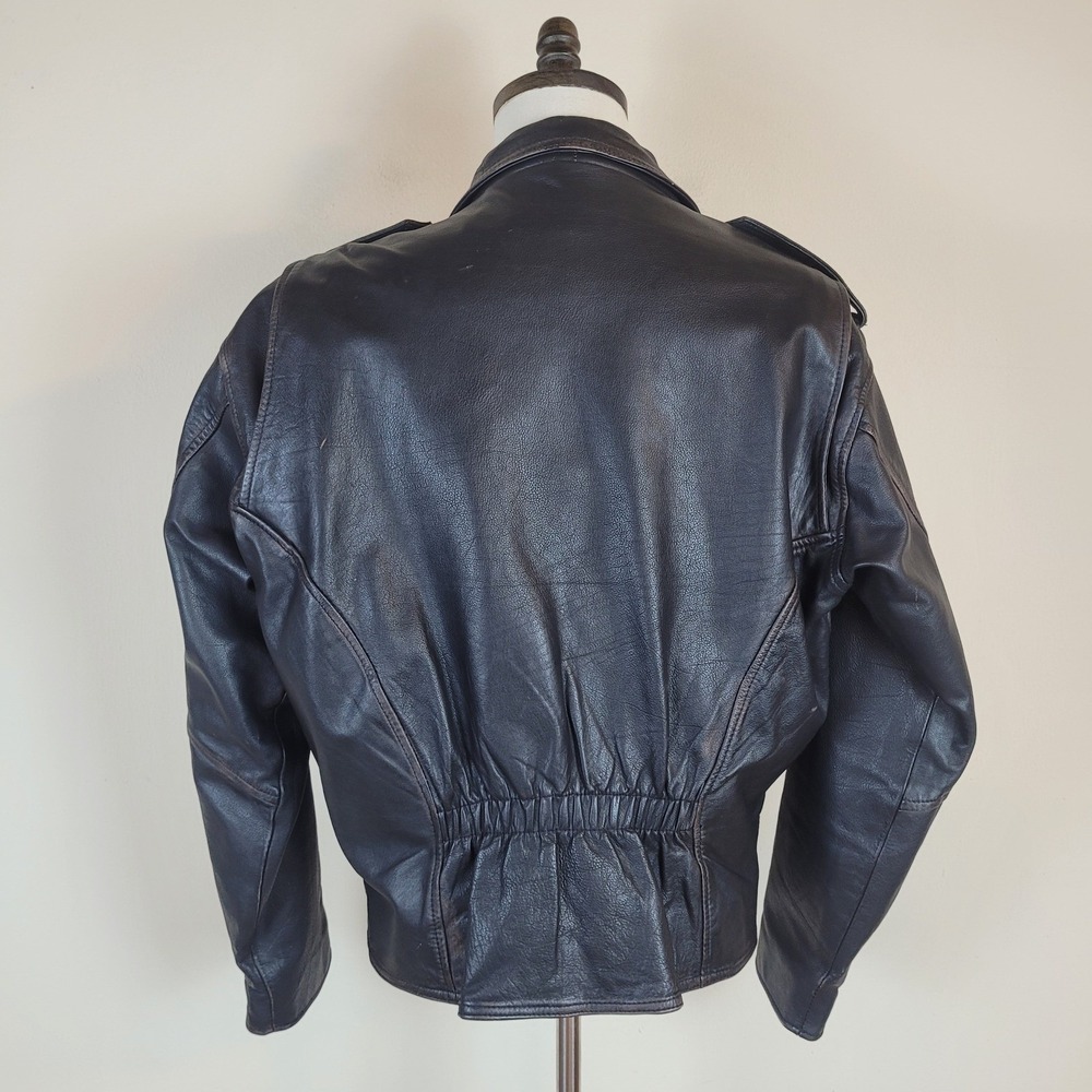 Badge Leather Jacket Mens Large Black Distressed Belted Moto Biker Asymmetrical - Picture 14 of 14